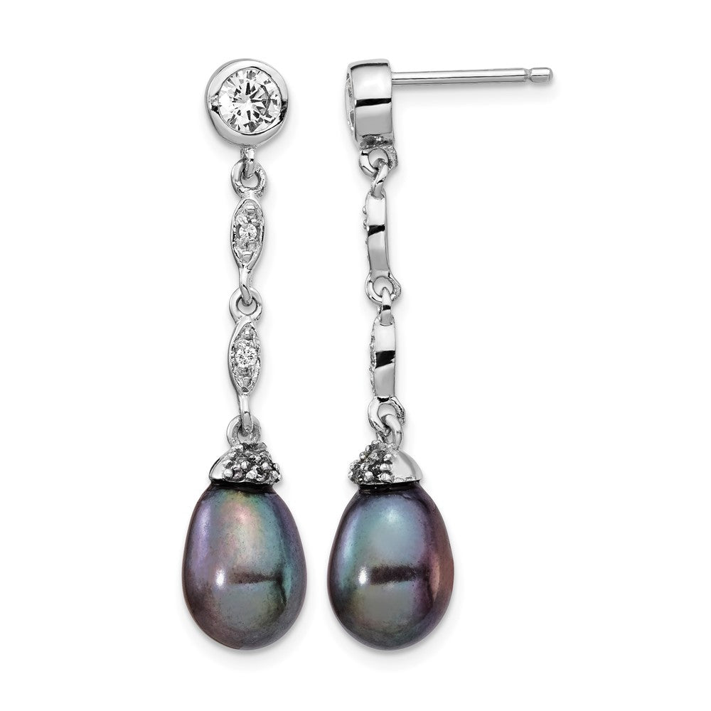 Cheryl M Sterling Silver Rhodium-plated Black Teardrop Freshwater Cultured Pearl and Brilliant-cut CZ Bezel Post Dangle Earrings