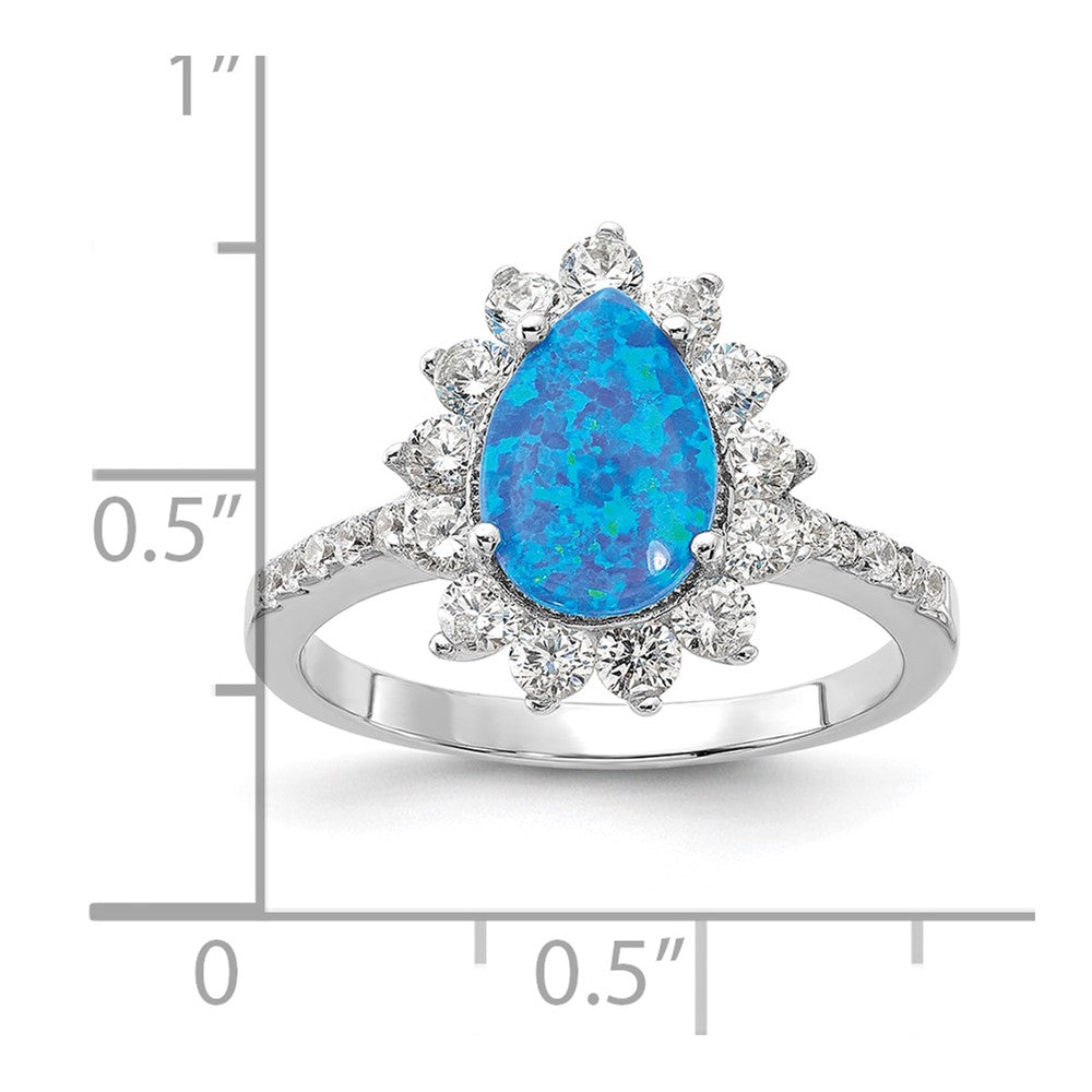 Cheryl M Sterling Silver Rhodium-plated Cabochon Lab Created Blue Opal and Brilliant-cut CZ Teardrop Shaped Ring