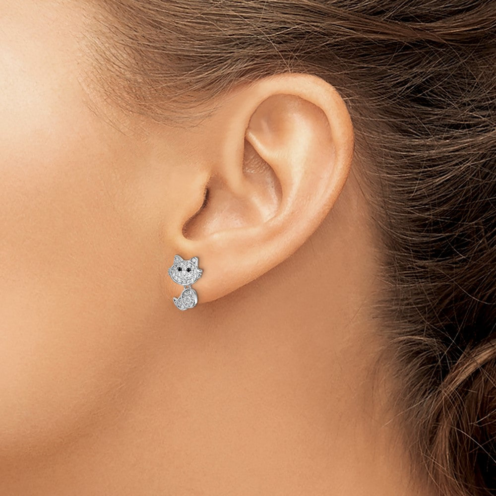 Cheryl M Sterling Silver Rhodium-plated Moveable Brilliant-cut Black and White CZ Cat Post Dangle Earrings