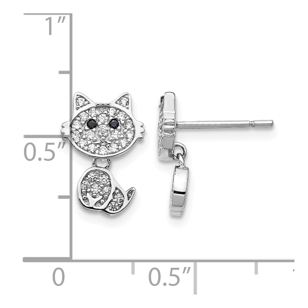 Cheryl M Sterling Silver Rhodium-plated Moveable Brilliant-cut Black and White CZ Cat Post Dangle Earrings