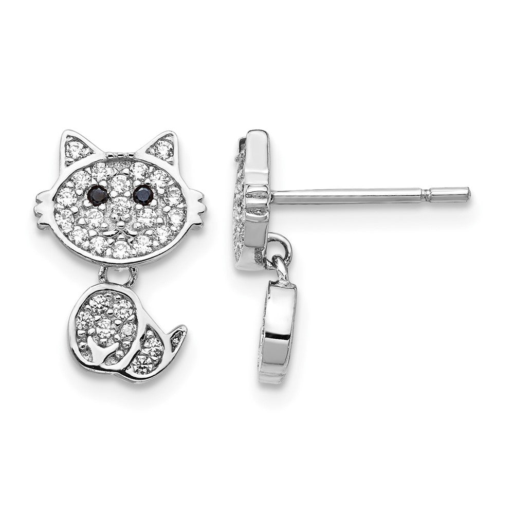 Cheryl M Sterling Silver Rhodium-plated Moveable Brilliant-cut Black and White CZ Cat Post Dangle Earrings