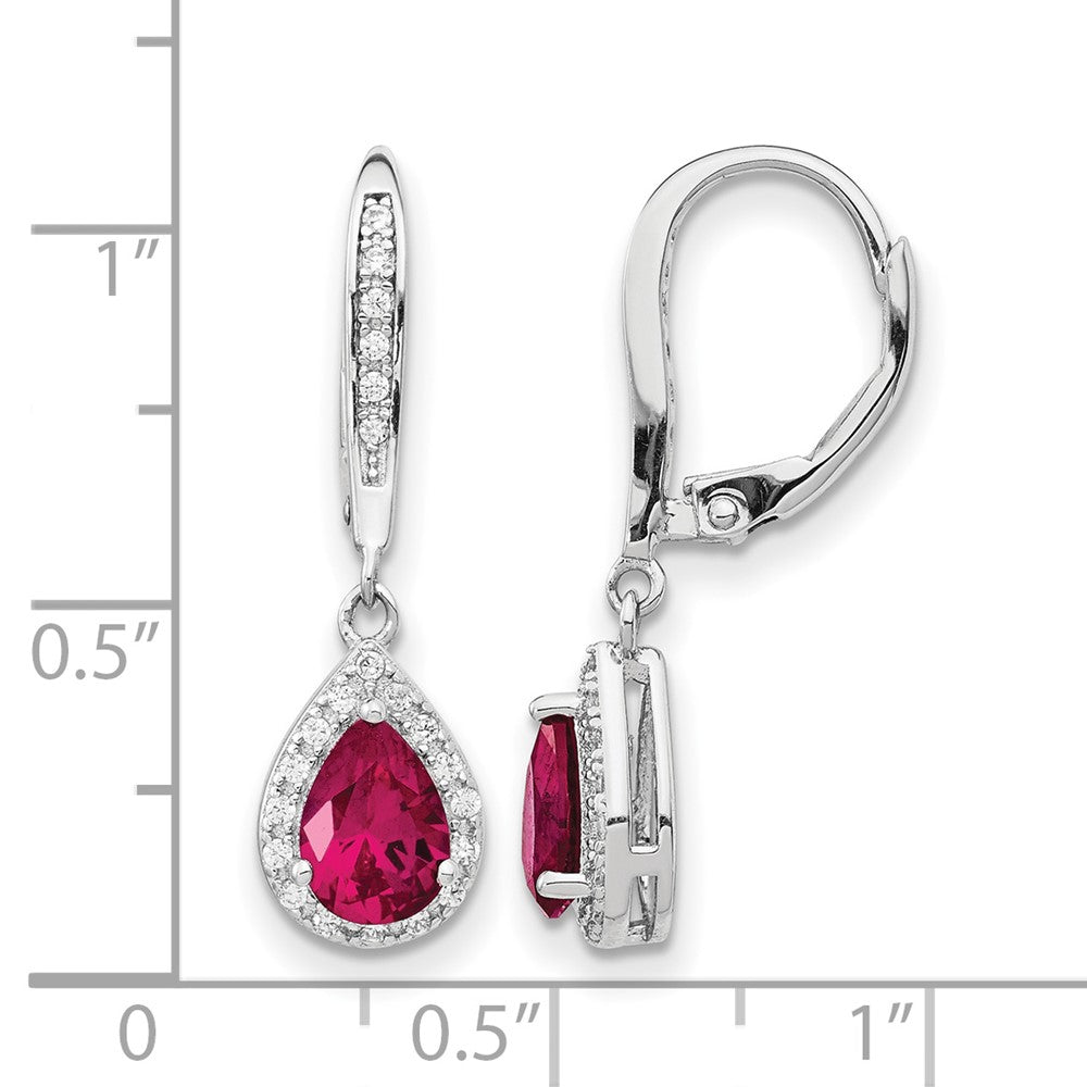 Cheryl M Sterling Silver Rhodium-plated Brilliant-cut Lab Created Ruby and Brilliant-cut White CZ Teardrop Leverback Dangle Earrings