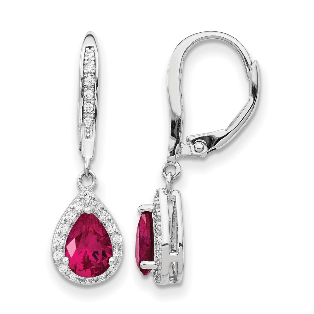 Cheryl M Sterling Silver Rhodium-plated Brilliant-cut Lab Created Ruby and Brilliant-cut White CZ Teardrop Leverback Dangle Earrings