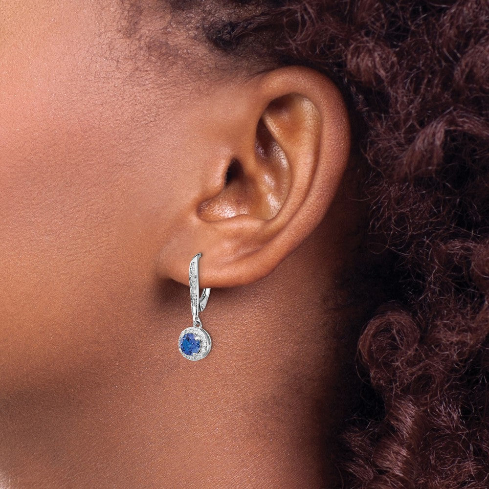 Cheryl M Sterling Silver Rhodium-plated Brilliant-cut Lab Created Dark Blue Spinel and Brilliant-cut White CZ Round Halo Leverback Dangle Earrings