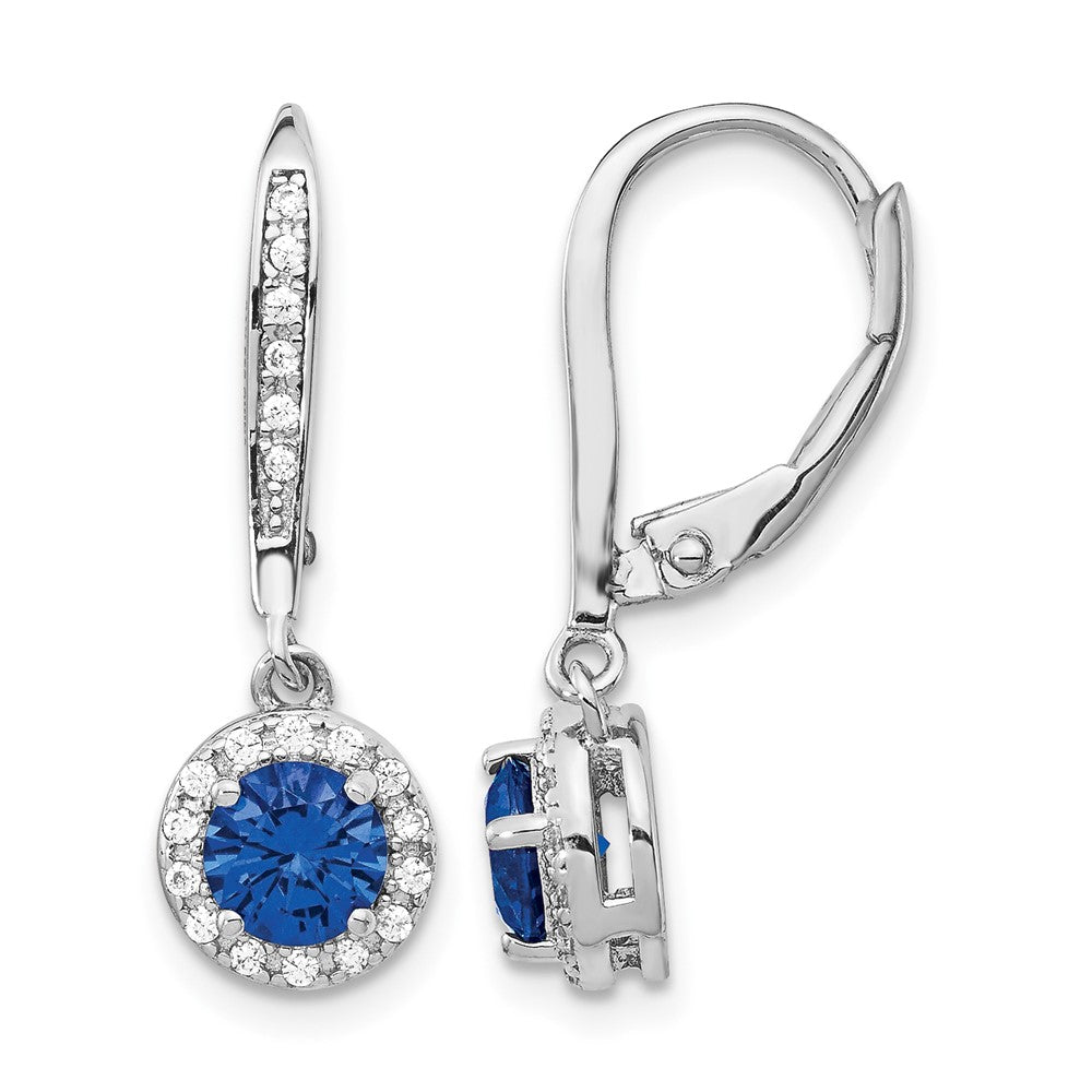 Cheryl M Sterling Silver Rhodium-plated Brilliant-cut Lab Created Dark Blue Spinel and Brilliant-cut White CZ Round Halo Leverback Dangle Earrings