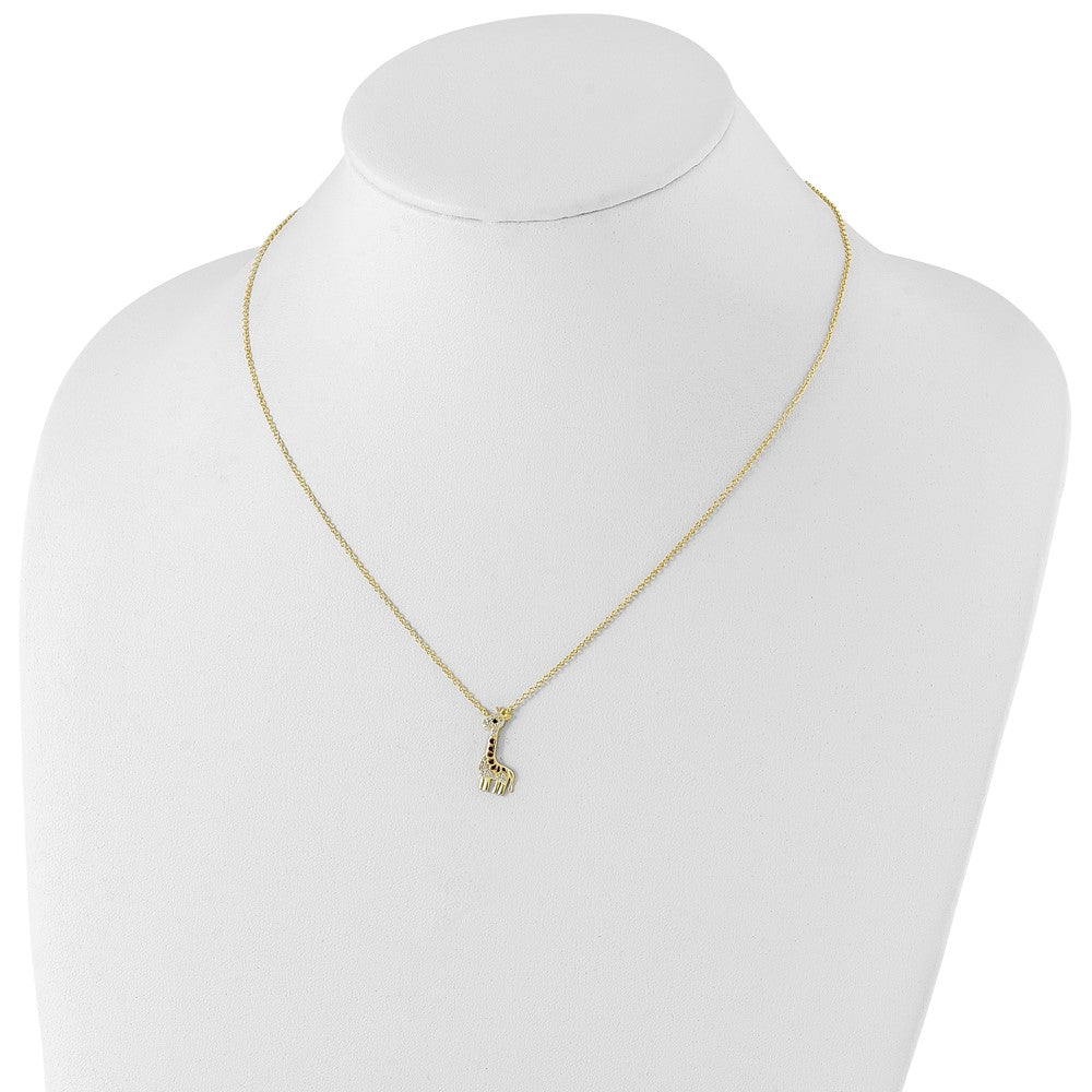 Cheryl M Sterling Silver Gold-plated Enameled and Brilliant-cut Black and White CZ Giraffe 18.25 Inch Necklace