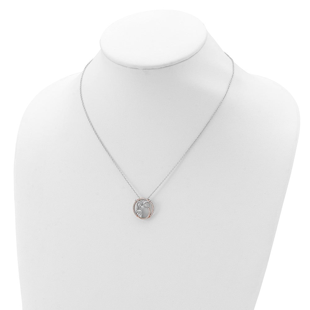 Cheryl M Sterling Silver Rhodium-plated and Rose Gold-plated Brilliant-cut CZ Owls Circle 18.25 Inch Necklace