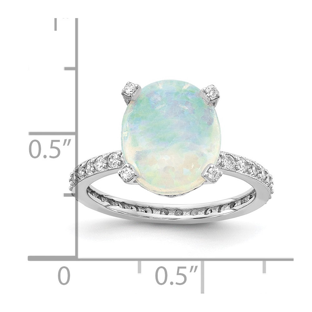 Cheryl M Sterling Silver Rhodium-plated Cabochon Lab Created Opal and Brilliant-cut CZ Oval with Side Stones Ring