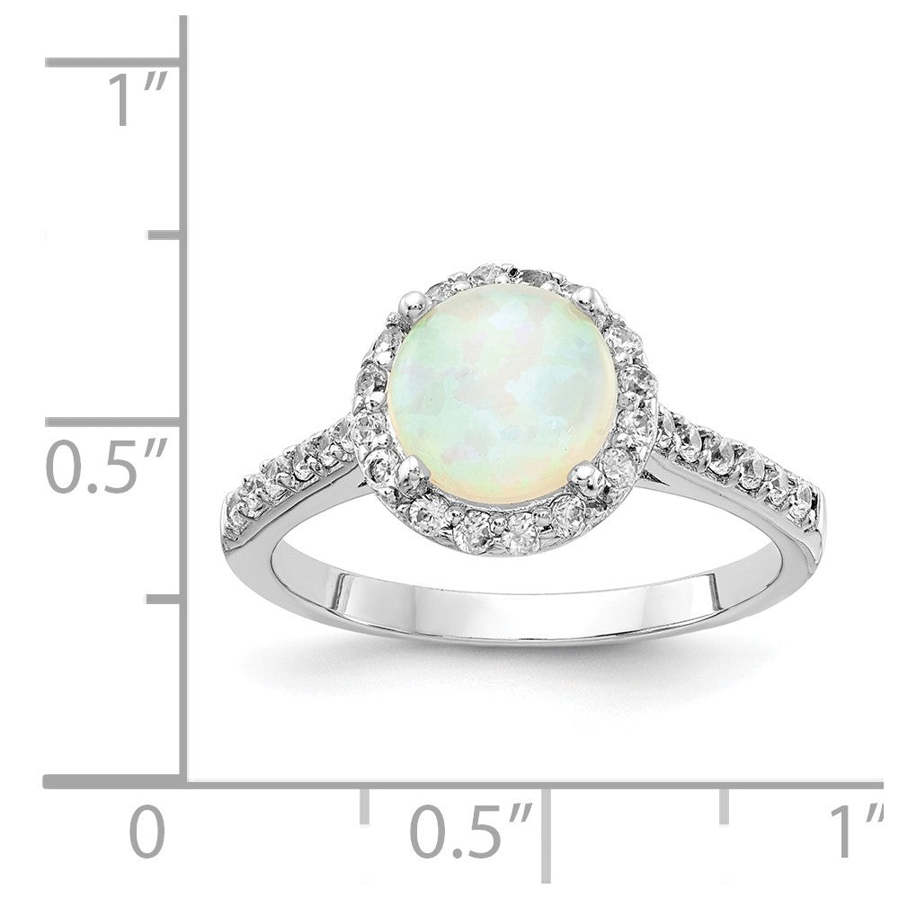 Cheryl M Sterling Silver Rhodium-plated Cabochon Lab Created Opal and Brilliant-cut CZ Halo Ring