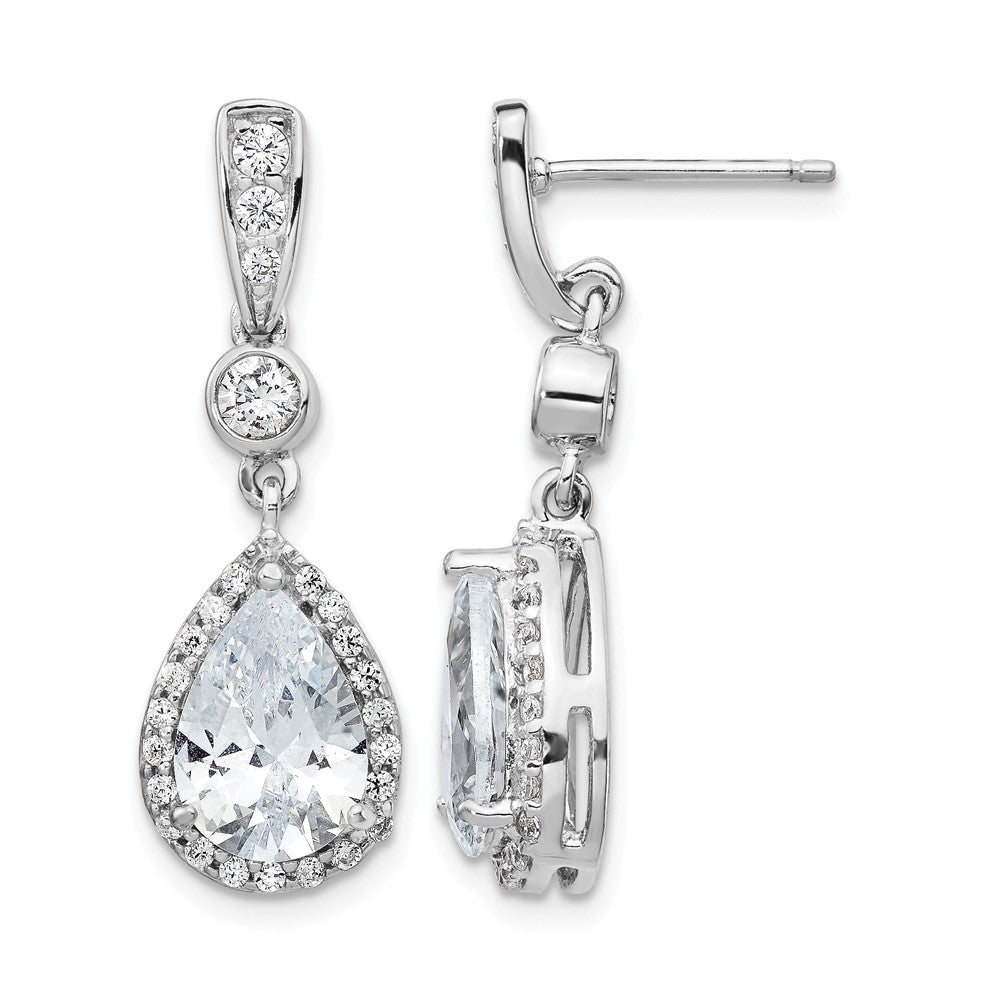 Cheryl M Sterling Silver Rhodium-plated Brilliant-cut CZ Teardrop and Bezel Halo Post Dangle Earrings