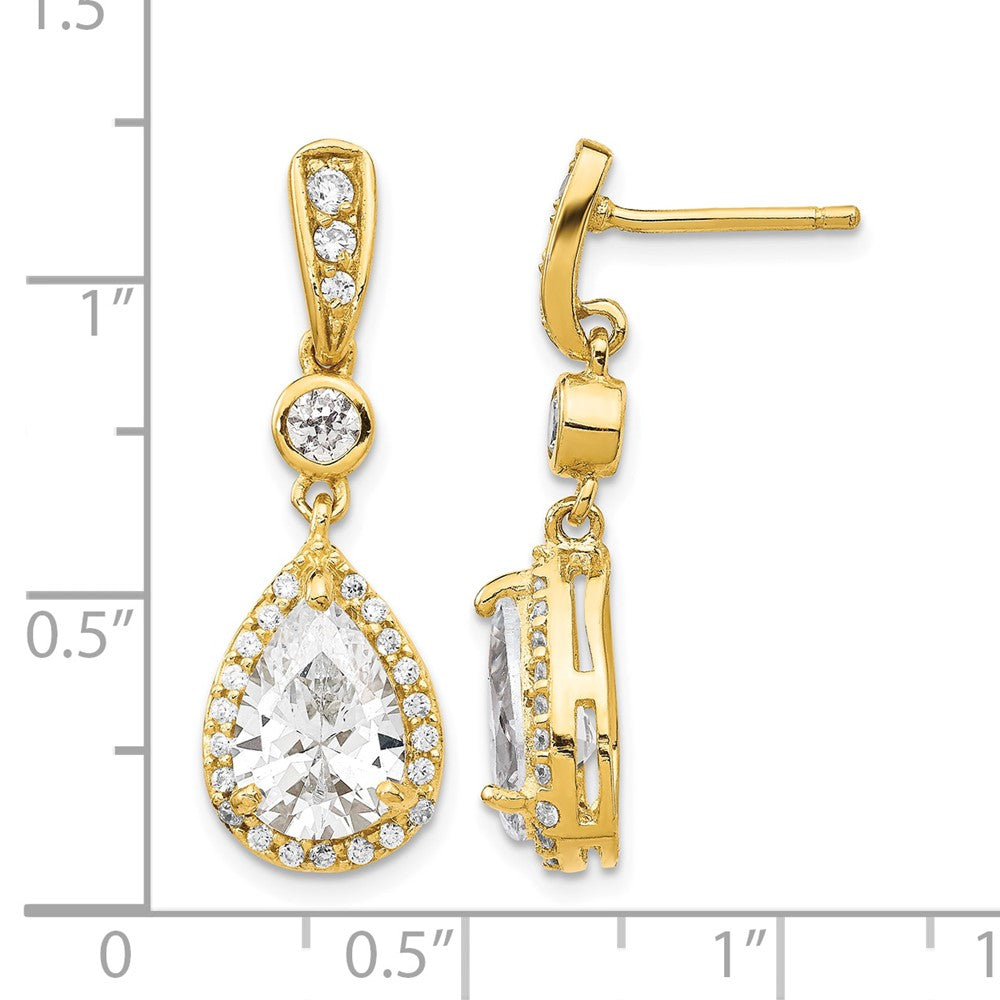 Cheryl M Sterling Silver Gold-plated Brilliant-cut CZ Teardrop and Bezel Halo Post Dangle Earrings