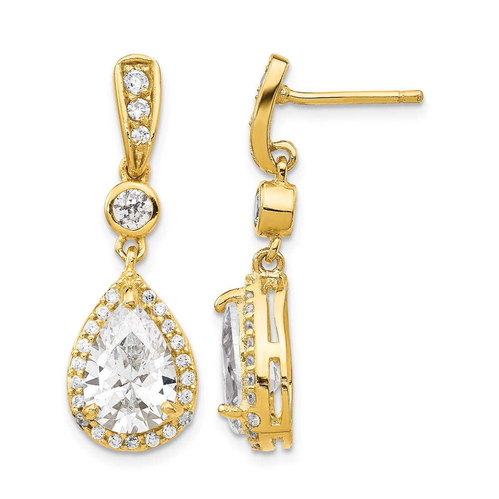 Cheryl M Sterling Silver Gold-plated Brilliant-cut CZ Teardrop and Bezel Halo Post Dangle Earrings