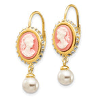 Cheryl M Sterling Silver Gold-plated Glass Pearl Brilliant-cut CZ & Resin Cameo Leverback Dangle Earrings