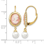 Cheryl M Sterling Silver Gold-plated Glass Pearl Brilliant-cut CZ & Resin Cameo Leverback Dangle Earrings