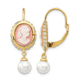 Cheryl M Sterling Silver Gold-plated Glass Pearl Brilliant-cut CZ & Resin Cameo Leverback Dangle Earrings