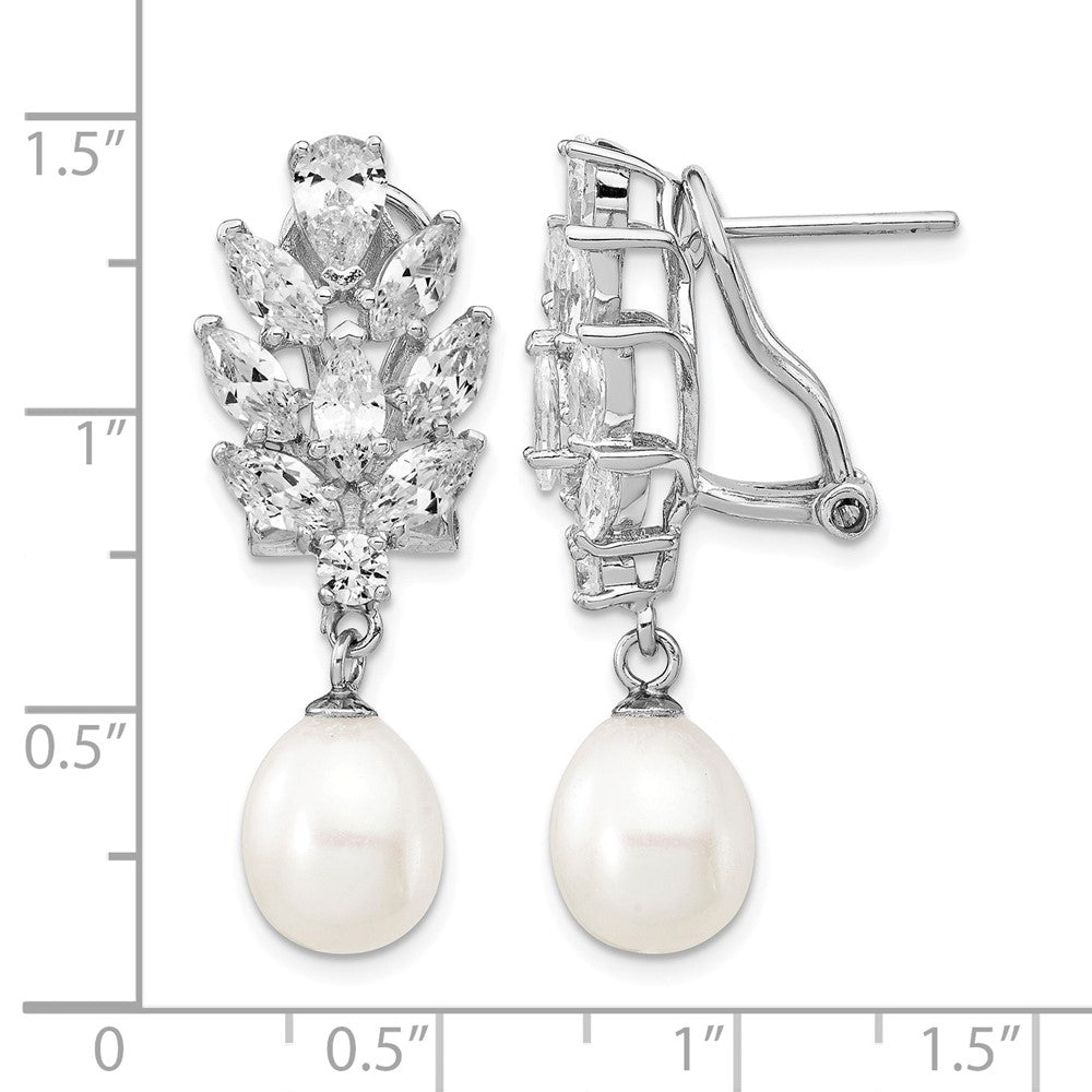 Cheryl M Sterling Silver Rhodium-plated Teardrop Freshwater Cultured Pearl Marquise-cut and Brilliant-cut CZ Fancy Omega Back Dangle Earrings