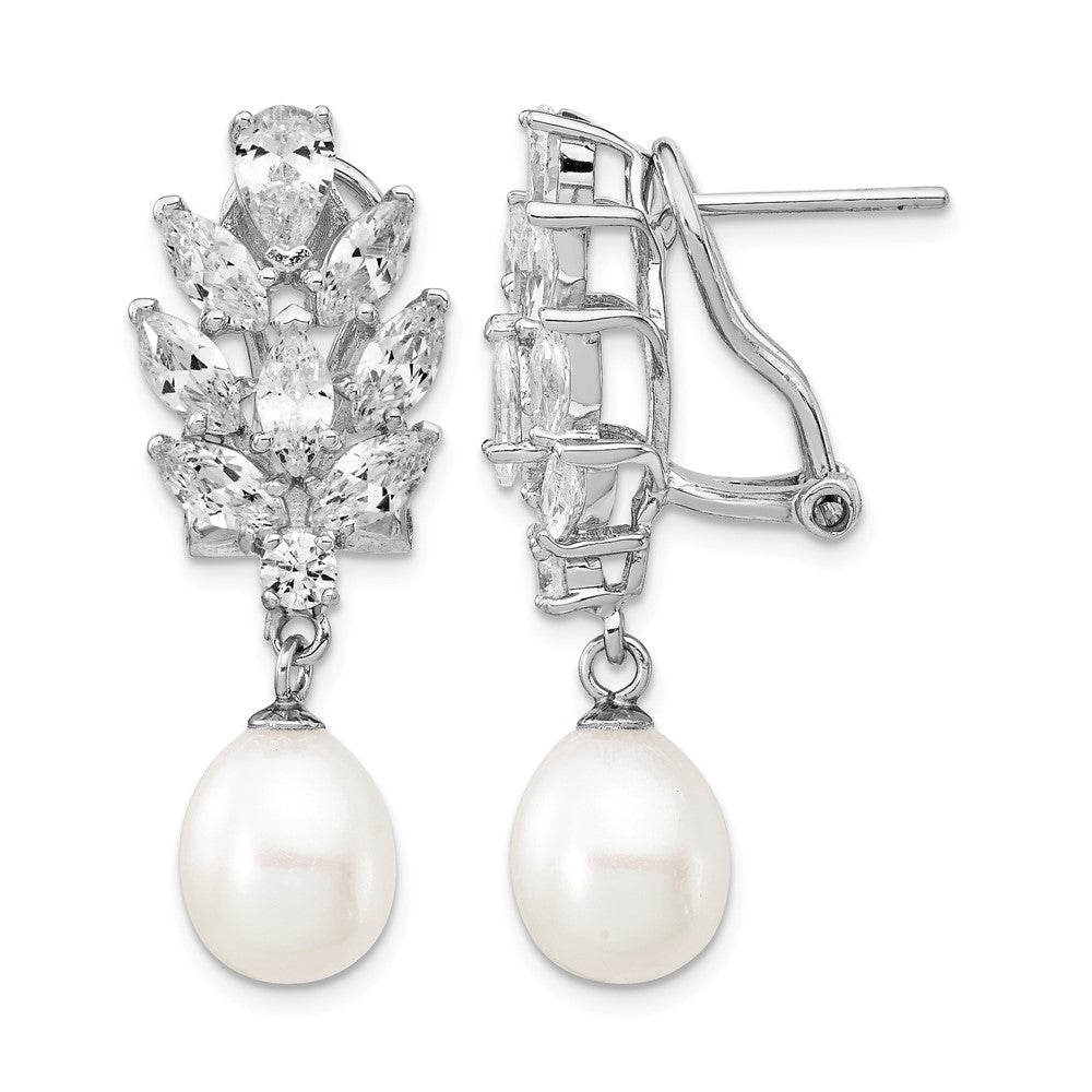 Cheryl M Sterling Silver Rhodium-plated Teardrop Freshwater Cultured Pearl Marquise-cut and Brilliant-cut CZ Fancy Omega Back Dangle Earrings