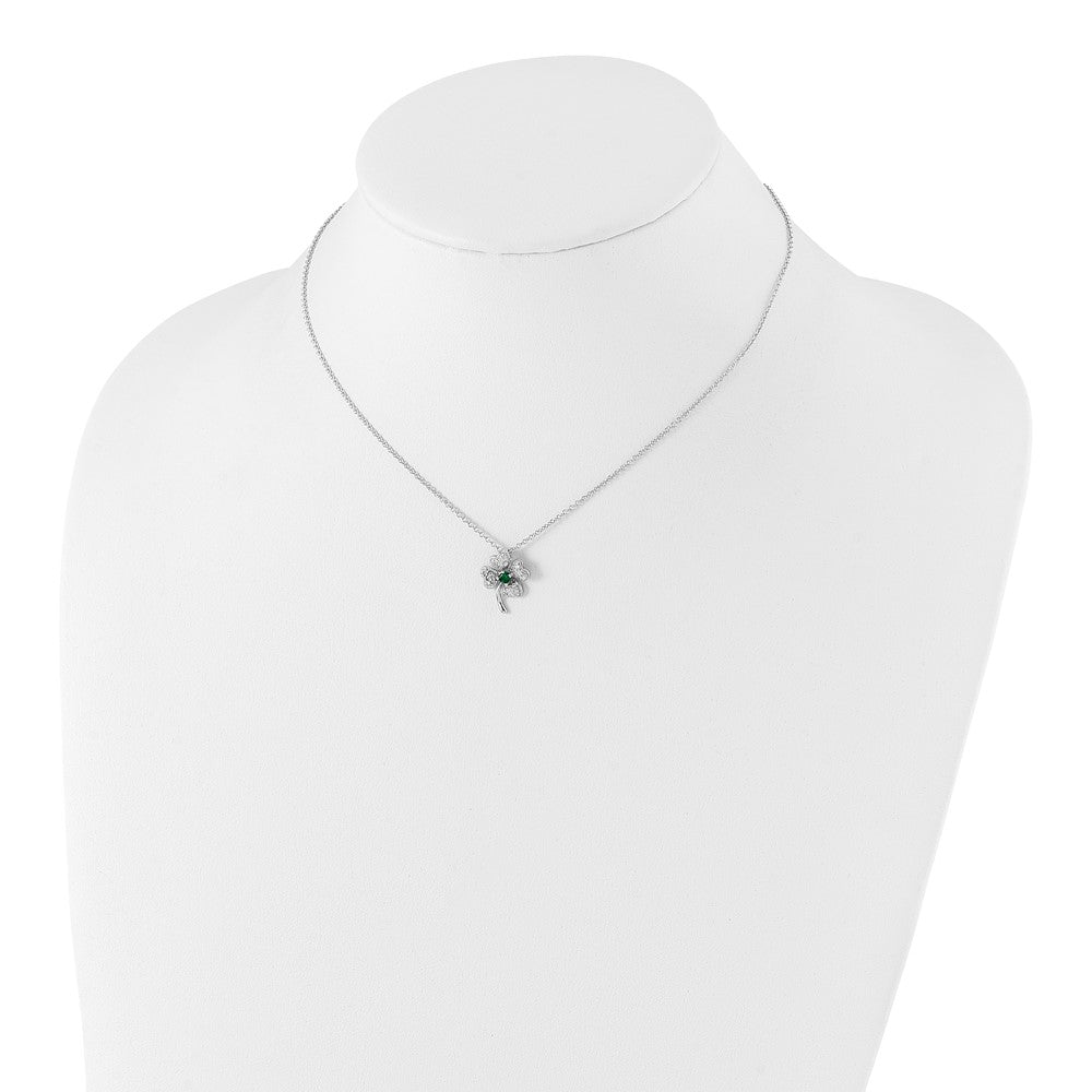 Cheryl M Sterling Silver Rhodium-plated Brilliant-cut Green Glass and Brilliant-cut White CZ Four Leaf Clover 15 Inch Necklace