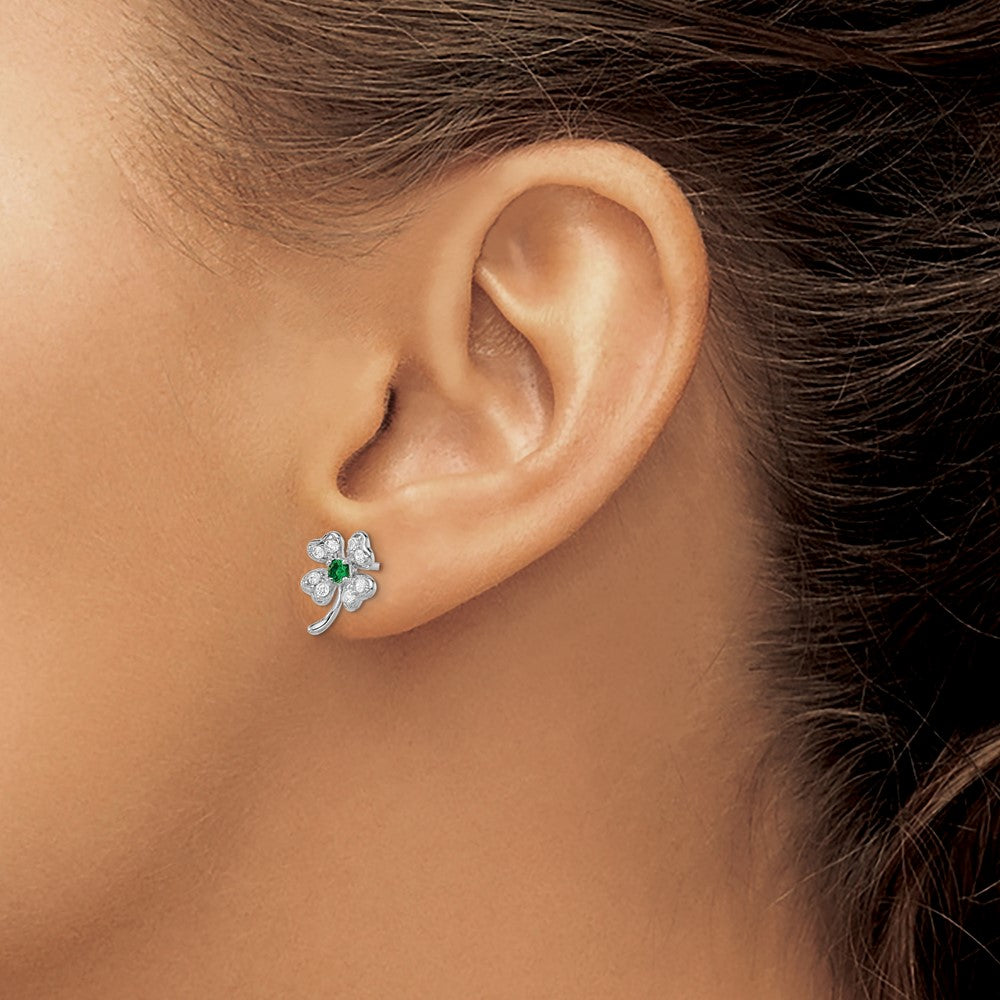 Cheryl M Sterling Silver Rhodium-plated Brilliant-cut Green Glass and Brilliant-cut White CZ Four Leaf Clover Post Earrings