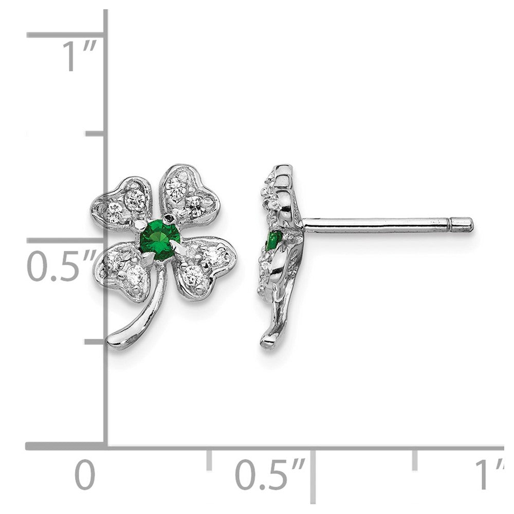 Cheryl M Sterling Silver Rhodium-plated Brilliant-cut Green Glass and Brilliant-cut White CZ Four Leaf Clover Post Earrings