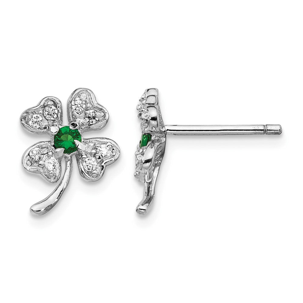 Cheryl M Sterling Silver Rhodium-plated Brilliant-cut Green Glass and Brilliant-cut White CZ Four Leaf Clover Post Earrings