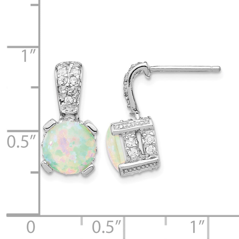 Cheryl M Sterling Silver Rhodium-plated 8mm Cabochon Lab Created Opal and Brilliant-cut CZ Post Dangle Earrings