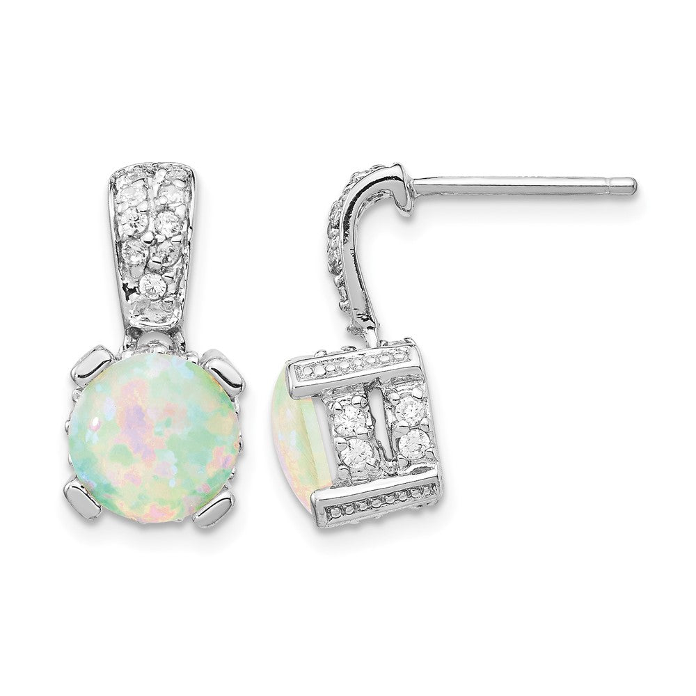 Cheryl M Sterling Silver Rhodium-plated 8mm Cabochon Lab Created Opal and Brilliant-cut CZ Post Dangle Earrings