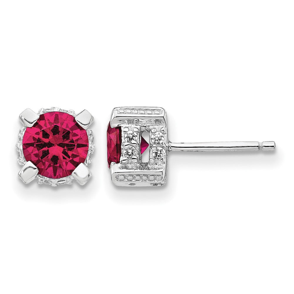 Cheryl M Sterling Silver Rhodium-plated Brilliant-cut 6.5mm Lab Created Ruby and Brilliant-cut White CZ Stud Post Earrings