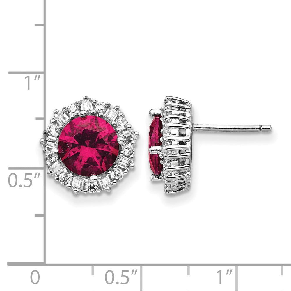 Cheryl M Sterling Silver Rhodium-plated Brilliant-cut Lab Created Ruby and Brilliant-cut/Baguette-cut White CZ Post Earrings