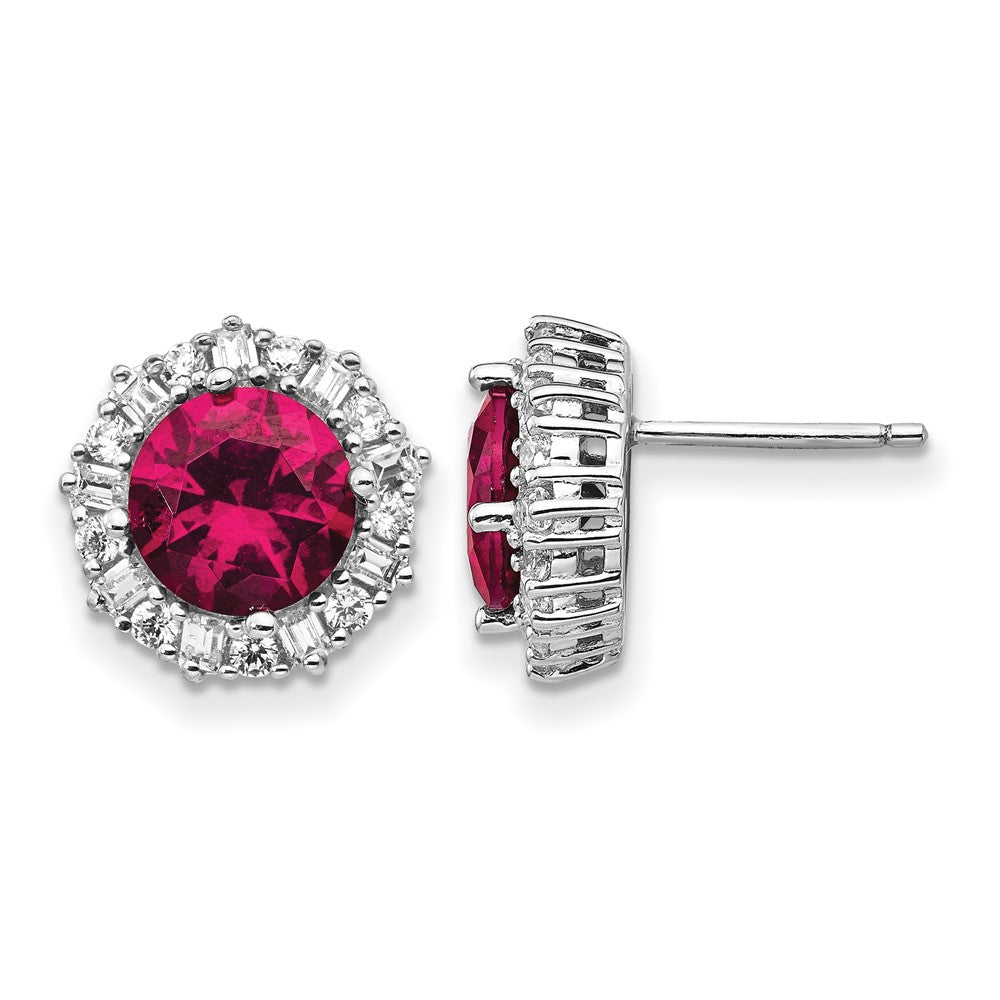 Cheryl M Sterling Silver Rhodium-plated Brilliant-cut Lab Created Ruby and Brilliant-cut/Baguette-cut White CZ Post Earrings
