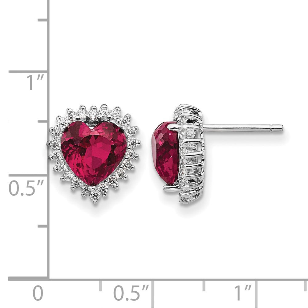 Cheryl M Sterling Silver Rhodium-plated 100 Facet Lab Created Ruby and Brilliant-cut White CZ Heart Halo Post Earrings