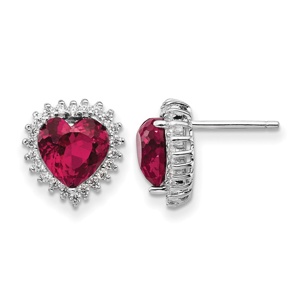 Cheryl M Sterling Silver Rhodium-plated 100 Facet Lab Created Ruby and Brilliant-cut White CZ Heart Halo Post Earrings