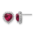 Cheryl M Sterling Silver Rhodium-plated 100 Facet Lab Created Ruby and Brilliant-cut White CZ Heart Halo Post Earrings