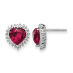 Cheryl M Sterling Silver Rhodium-plated 100 Facet Lab Created Ruby and Brilliant-cut White CZ Heart Halo Post Earrings