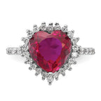 Cheryl M Sterling Silver Rhodium-plated 100 Facet Lab Created Ruby and Brilliant-cut White CZ Heart Halo Ring