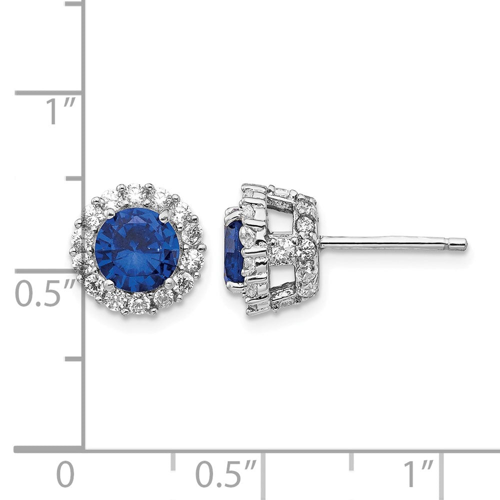 Cheryl M Sterling Silver Rhodium-plated Brilliant-cut Lab Created Dark Blue Spinel and Brilliant-cut White CZ Round Halo Post Earrings