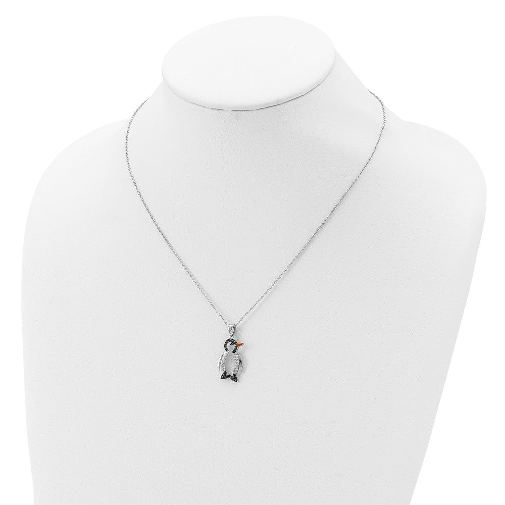 Cheryl M Sterling Silver Rhodium-plated with Black Rhodium Accent Enameled Brilliant-cut Black and White CZ Penguin 18 Inch Necklace