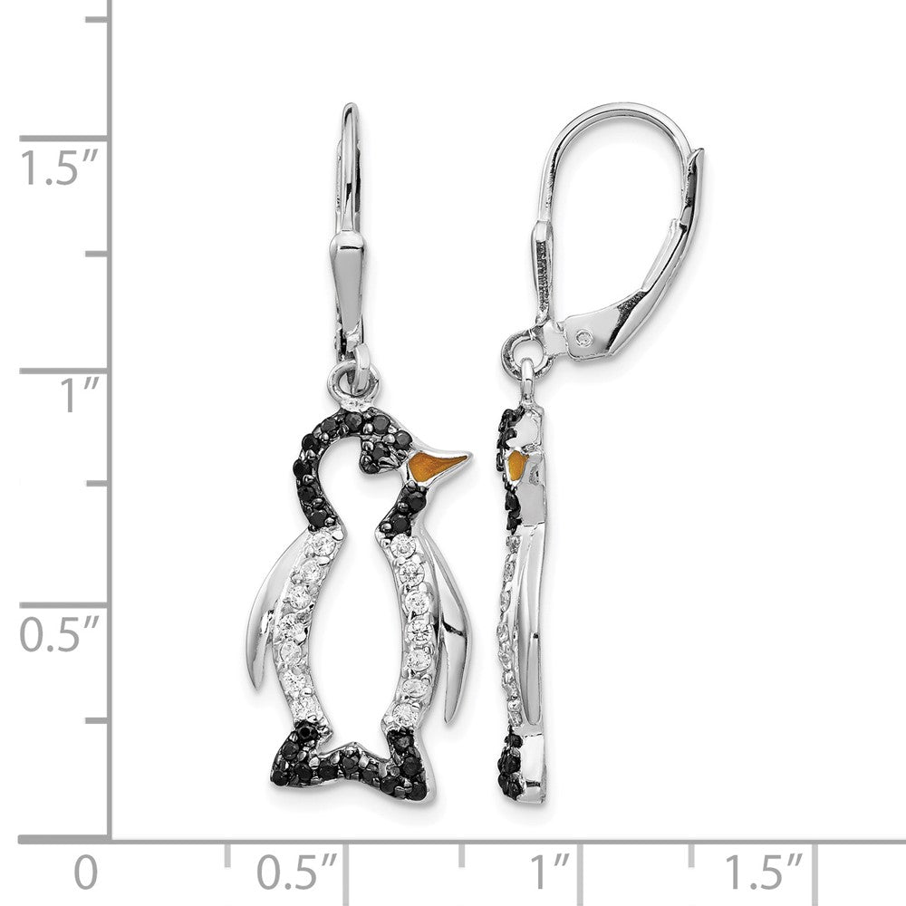 Cheryl M Sterling Silver Rhodium-plated with Black Rhodium Accent Enameled Brilliant-cut Black and White CZ Penguin Leverback Dangle Earrings