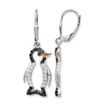 Cheryl M Sterling Silver Rhodium-plated with Black Rhodium Accent Enameled Brilliant-cut Black and White CZ Penguin Leverback Dangle Earrings