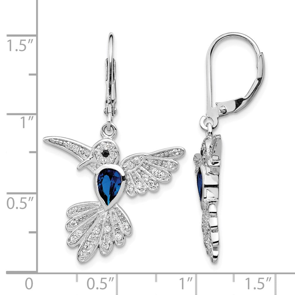 Cheryl M Sterling Silver Rhodium-plated Brilliant-cut Lab Created Dark Blue Spinel and Brilliant-cut White CZ Hummingbird Leverback Dangle Earrings