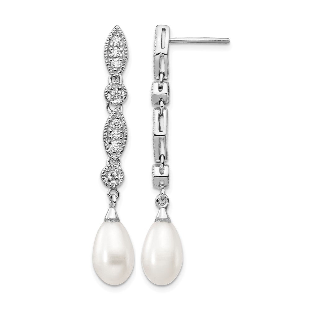 Cheryl M Sterling Silver Rhodium-plated Teardrop Freshwater Cultured Pearl and Brilliant-cut CZ Post Dangle Earrings