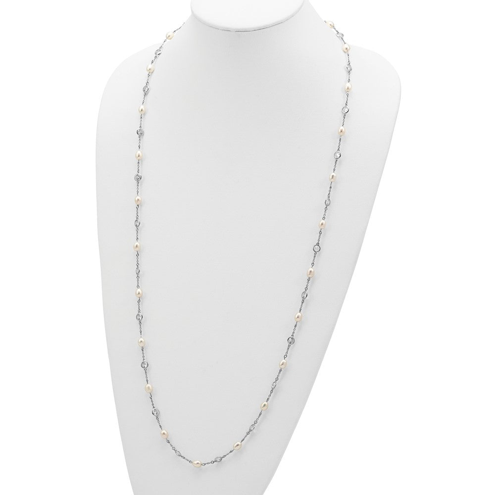 Cheryl M Sterling Silver Rhodium-plated Freshwater Cultured Pearl and Brilliant-cut CZ Bezel Station 36 Inch Necklace