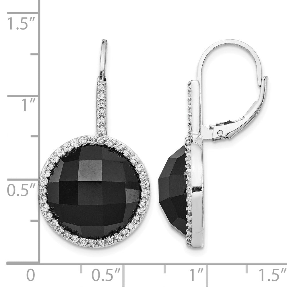 Cheryl M Sterling Silver Rhodium-plated Checker-cut Onyx and Brilliant-cut White CZ Round Halo Dangle Leverback Earrings