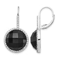 Cheryl M Sterling Silver Rhodium-plated Checker-cut Onyx and Brilliant-cut White CZ Round Halo Dangle Leverback Earrings