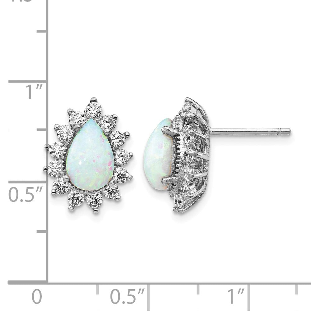 Cheryl M Sterling Silver Rhodium-plated Cabochon Lab Created Opal and Brilliant-cut CZ Teardrop Halo Post Earrings