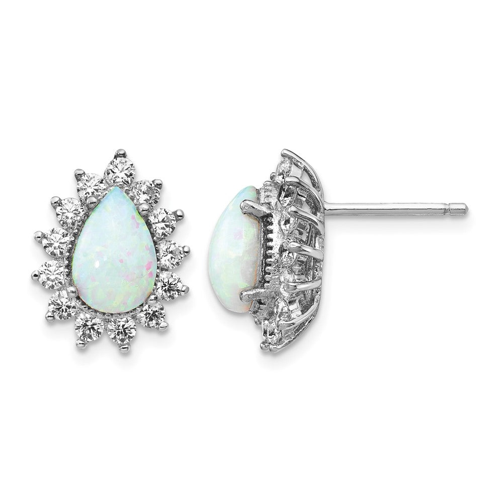 Cheryl M Sterling Silver Rhodium-plated Cabochon Lab Created Opal and Brilliant-cut CZ Teardrop Halo Post Earrings