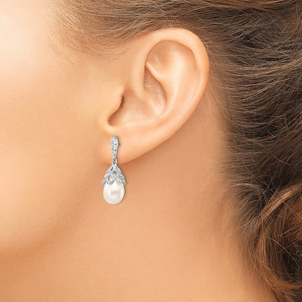 Cheryl M Sterling Silver Rhodium-plated Teardrop White Freshwater Cultured Pearl and Brilliant-cut CZ Post Dangle Earrings