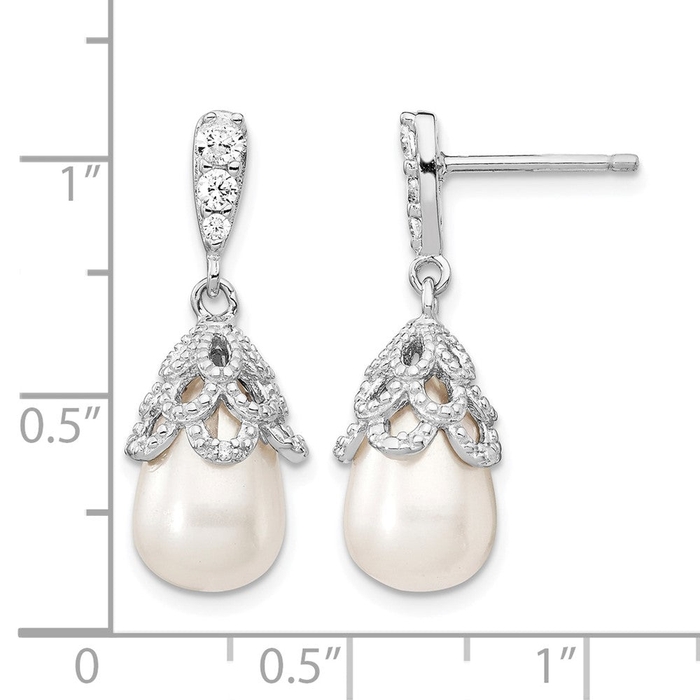 Cheryl M Sterling Silver Rhodium-plated Teardrop White Freshwater Cultured Pearl and Brilliant-cut CZ Post Dangle Earrings