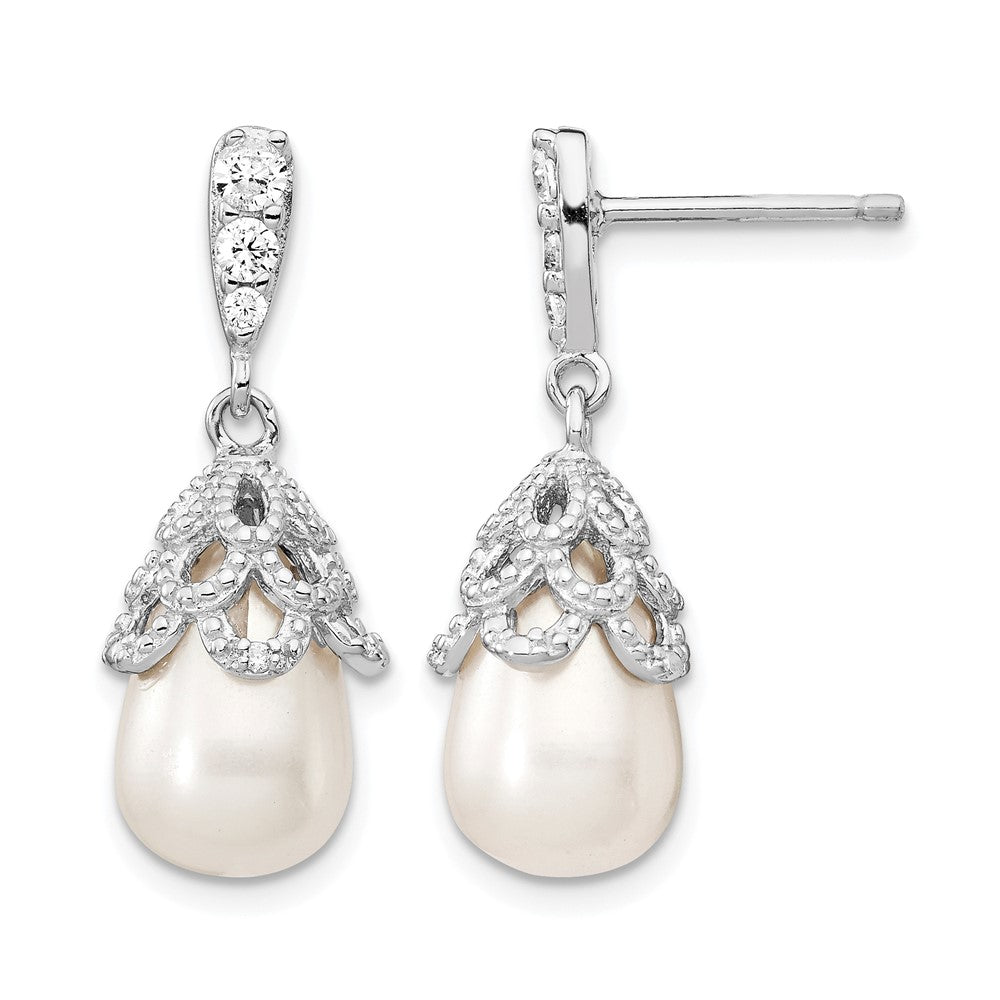 Cheryl M Sterling Silver Rhodium-plated Teardrop White Freshwater Cultured Pearl and Brilliant-cut CZ Post Dangle Earrings