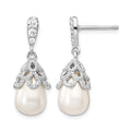Cheryl M Sterling Silver Rhodium-plated Teardrop White Freshwater Cultured Pearl and Brilliant-cut CZ Post Dangle Earrings